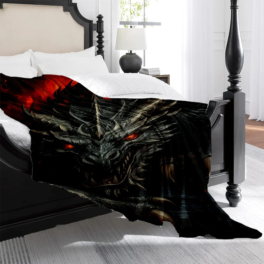 1pc Dark Fantasy Western Dragon Flame Print Flannel Blanket - High Weight Soft Warm All-Season Throw with Vibrant Red & Black