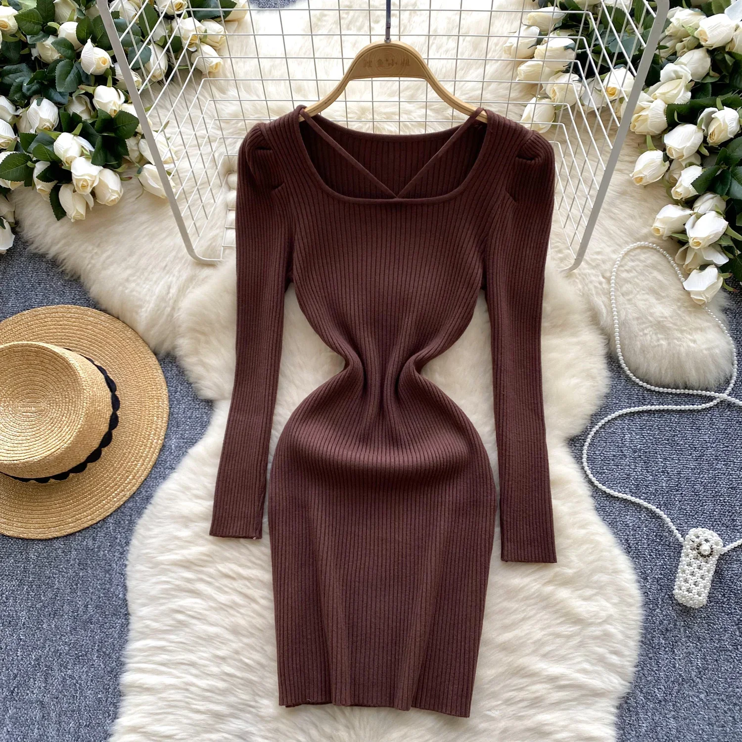 Women Knit Slim Sexy Bodycon Dress Square Neck  Long Sleeve Dress Solid Casual Midi Sweater Dress For Women 2024Autumn Winter