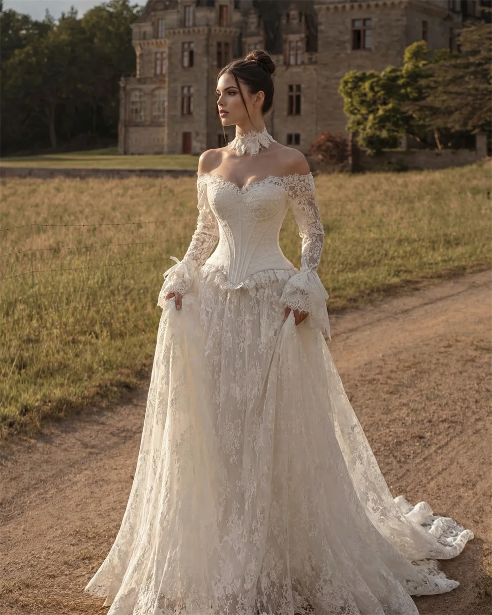 Tokyo Off Shoulder Lace Wedding Dress Basque Waist Bridal Gown Vintage Bell Sleeve Ball Gowns Church Castle Marriage Clothes