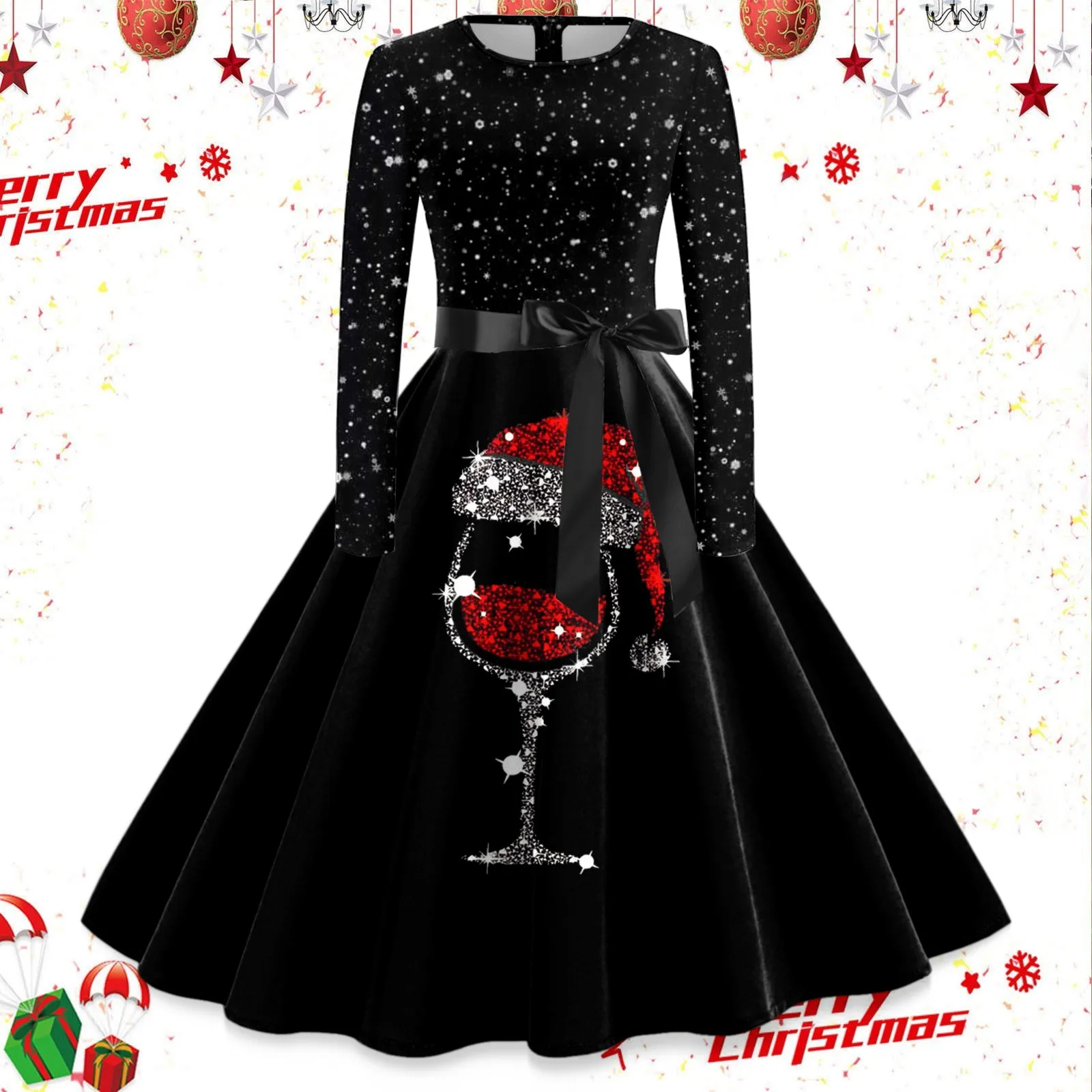 Print Christmas Dresses For Women Long Sleeve Vintage Housewife Evening Party Prom Dress Elegant Valentine'S Day Dresses