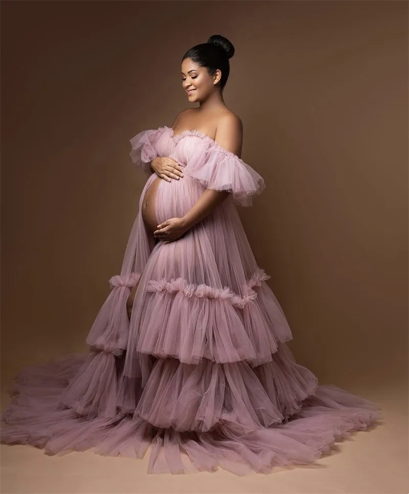 Pink Women Maternity Dresses for Photo Shoot Ruffles Tulle Sweetheart Off Shoulder Baby Shower Pregnant Custom Made Prom Gown