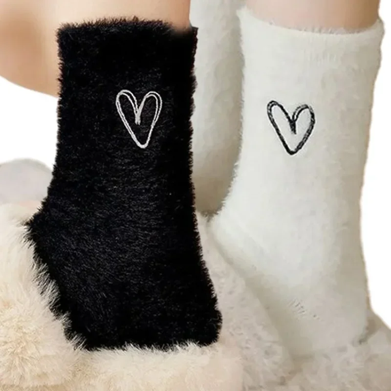 1/2Pairs Lovely Cozy Hairy Mink Velvet Socks Autumn Winter Hosiery Thickened Plush Warm Sleep Home Fluffy Heart-shaped Socks