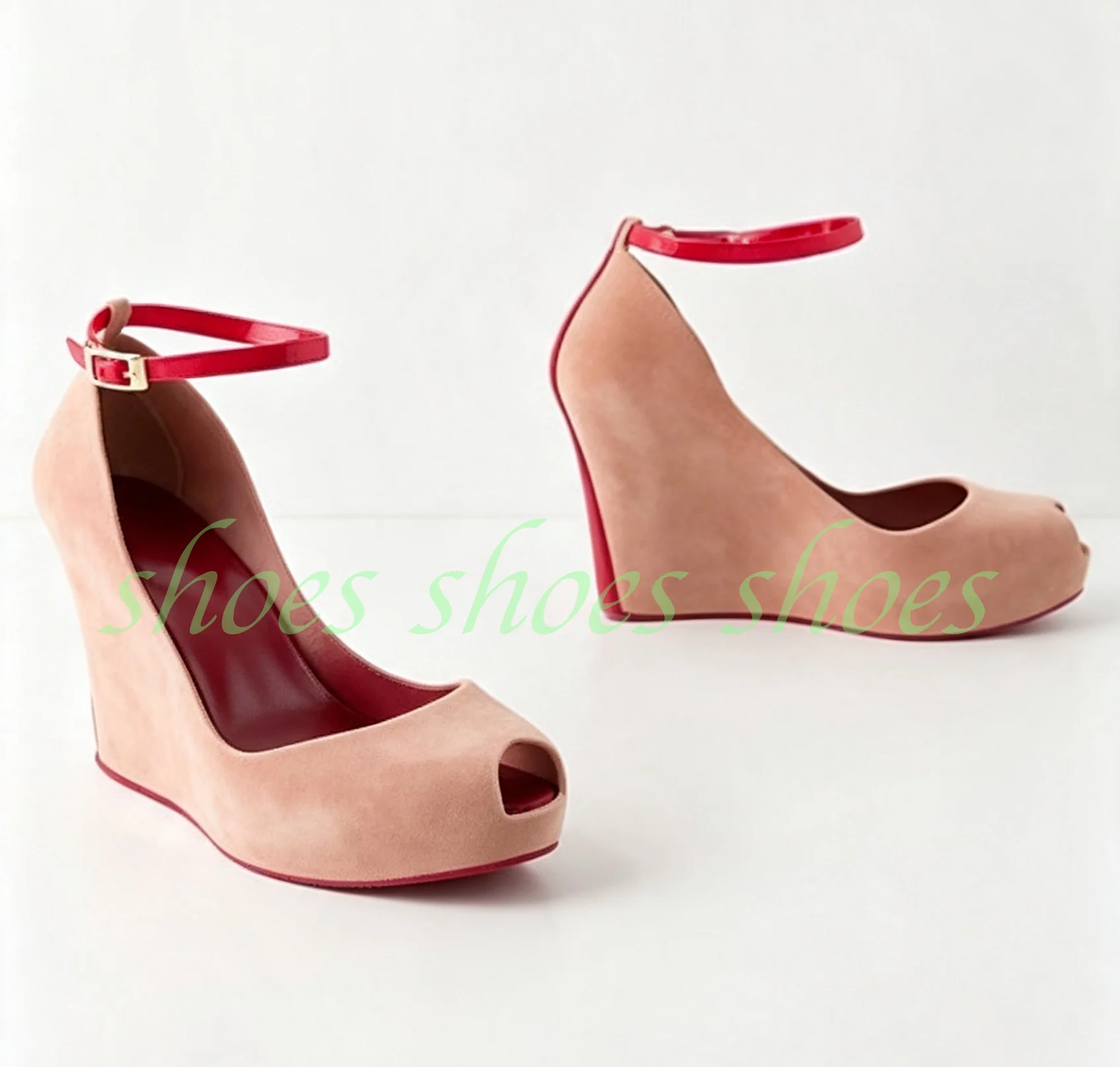 Nude Suede Peep Toe Wedge Pumps Red Ankle Strap Buckle Contrast Color Casual Daily Office Women Heeled Sandals Gladiator Pumps