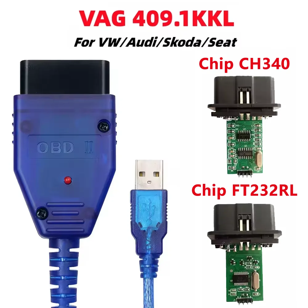 VAG KKL 409.1 With FT232RL/CH340T Chip OBD2 Car Diagnostic vag com USB Interface Cable 409 1 For VW/Audi/Skoda/Seat OBD2 Scanner