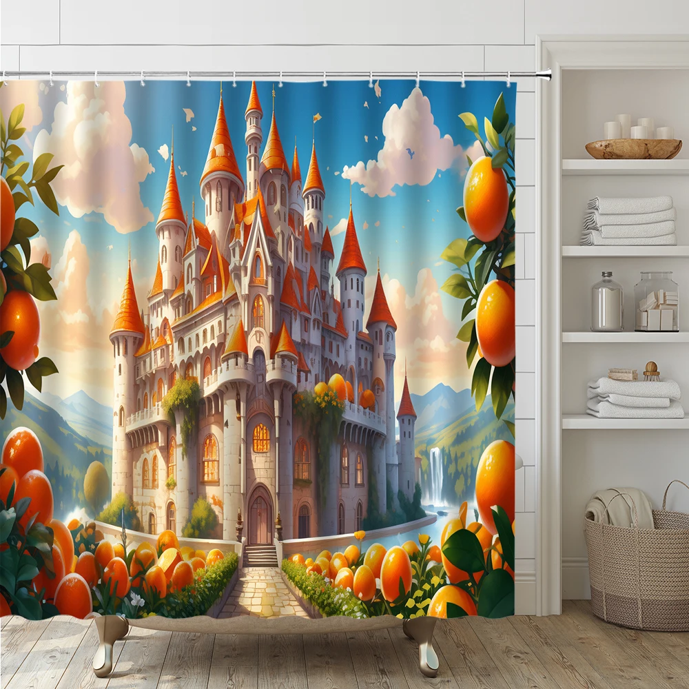 4PCS Magic Castle Garden Shower Curtain Set Fruit Orange Bathroom Curtains Anti-Slip Flannel Rug Doormat Bath Mat Toilet Cover