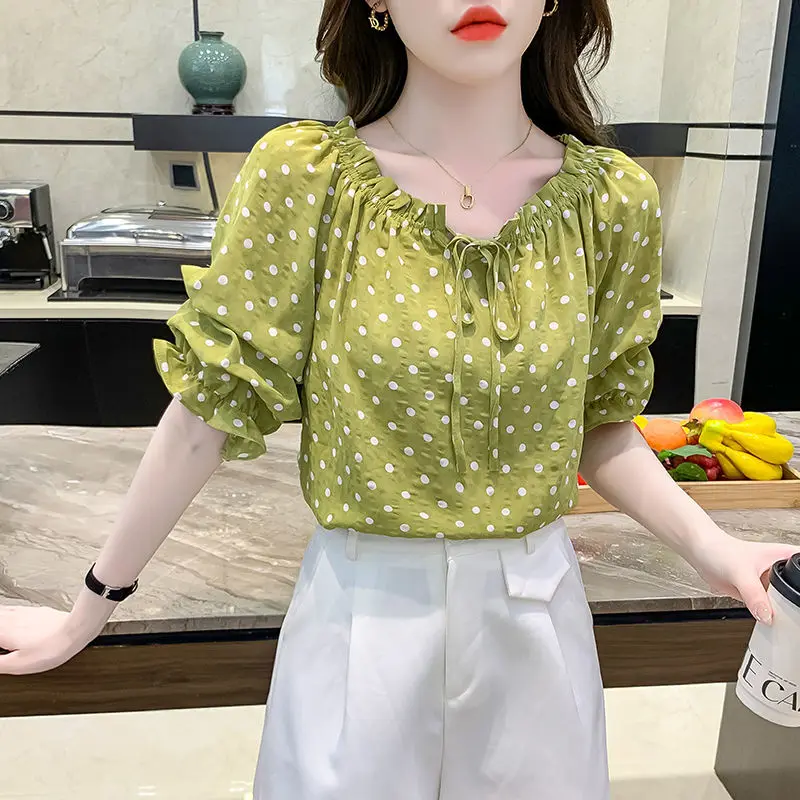 

Short Sleeve Shirts Womens Jacquard Balloon Pintuck Tunic College Class Preppy Artistic Student Youthful Girlish Uniform