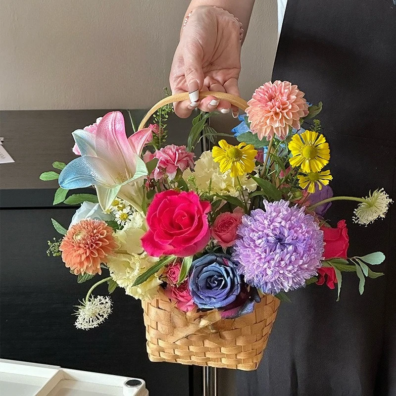 

2025 New Handmade Bamboo Flower Pot Fruit Basket Patchwork Wicker Rattan Home Storage Nursery Wicker Basket Organizer Planters