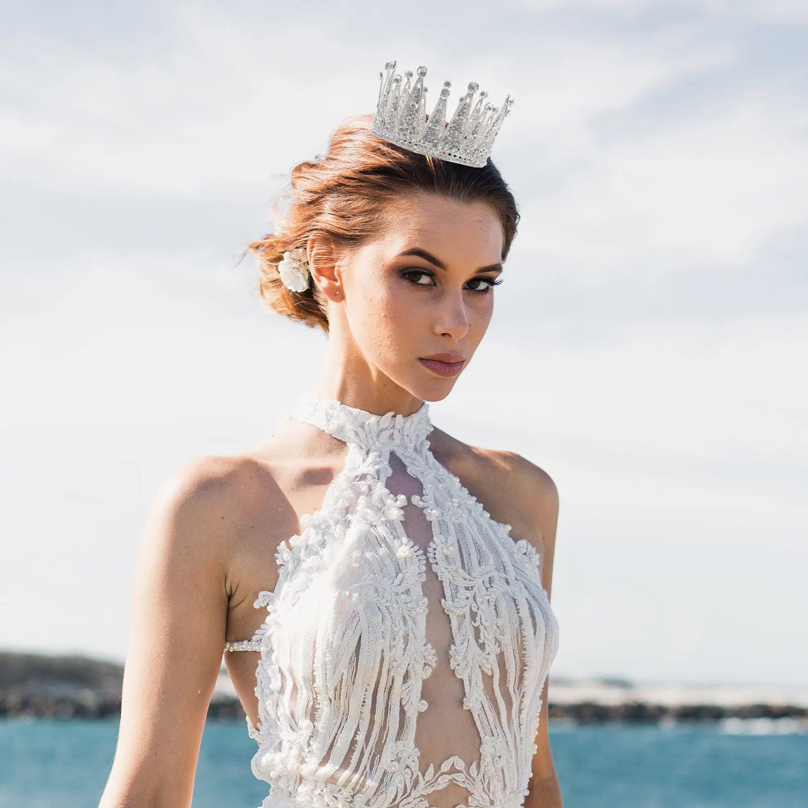 Water Diamond Princess Crown Full Round Rhinestone Bridal Headpiece Crystal Tiara For Women Wedding Party Hair Accessory