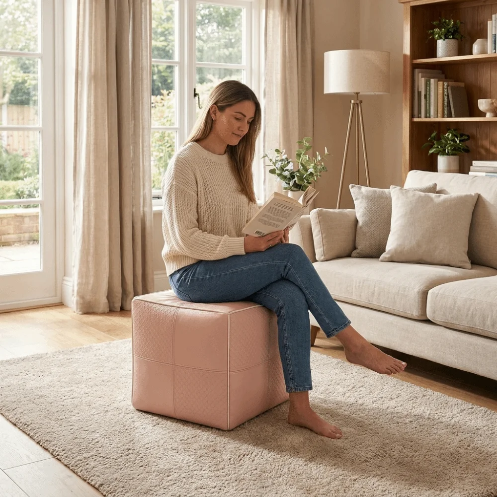 Space Saving PU Leather Footstool Cover Round/Square Unfilled Pouf Cover Large Capacity Bohemian Style Storage Bag Entryway