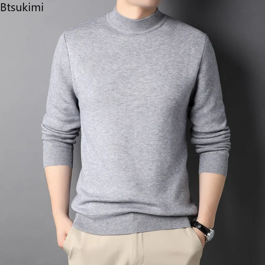 Autumn Winter Men's Solid Half High Collar Knitted Sweater Trendy Slim Pullover Sweater Man Casual All-match Knit Bottoming Tops