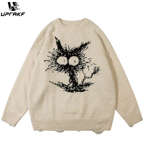 

UPRAKF Ripped Sweater Autumn Crew Neck Baggy High Street Casual Fashion Streetwear Warm Basic Pullover Harajuku