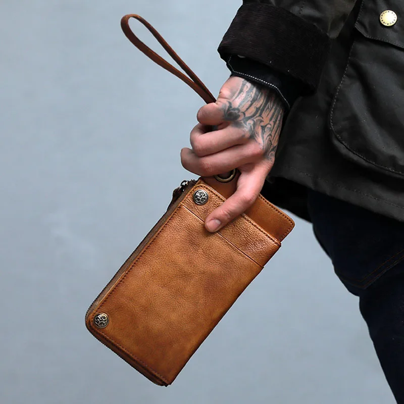 AETOO  Handmade vintage cowhide long purse Japanese and Korean card bag men's long large capacity zipper mobile phone bag men's