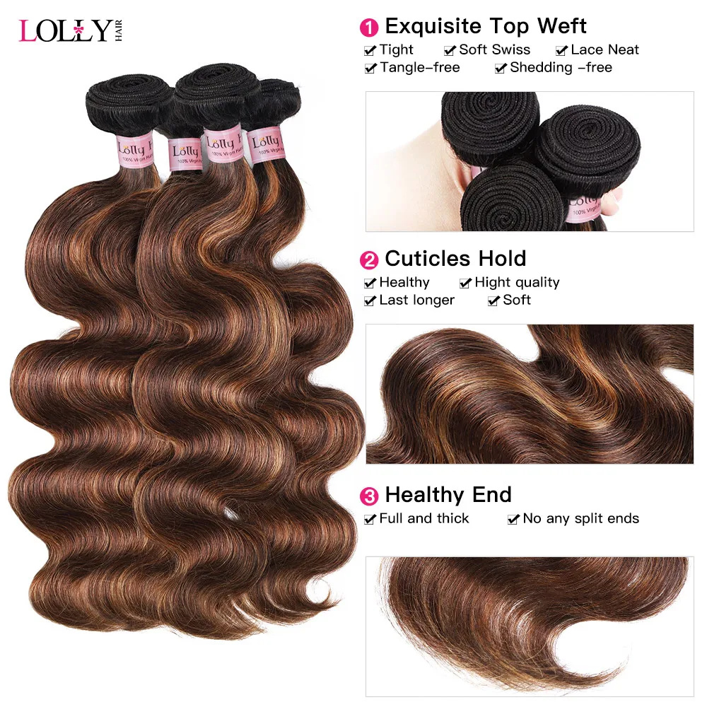 FB 30 Brown Highlight Body Wave Bundles With Closure 3 Bundles With 4x4 5x5 Lace Closure Brazilian Remy Colored Hair Extensions