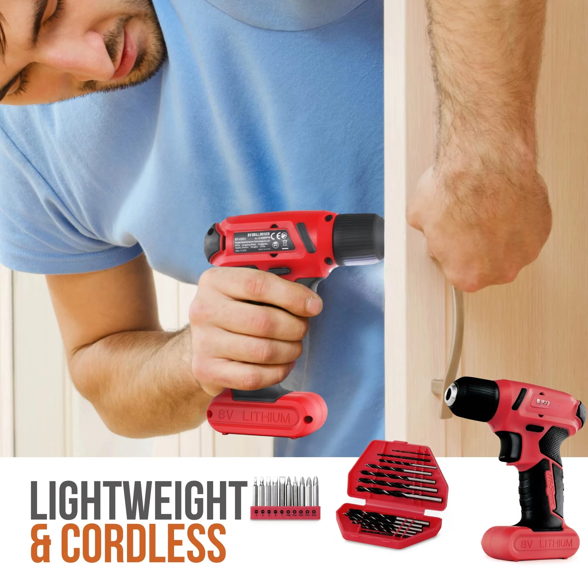 57pc 8V Red USB Cordless Electric Power Screw Driver & Drill. Home DIY Repair Hand Tool Kit Set in Tool Box Case. OEM ODM Ready