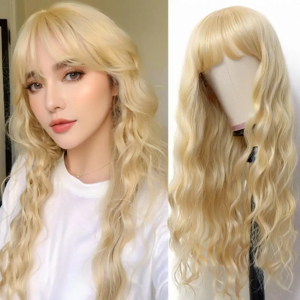 

Women's straight hair long wig with water ripple pattern, long curly synthetic fiber wig cap for daily wear