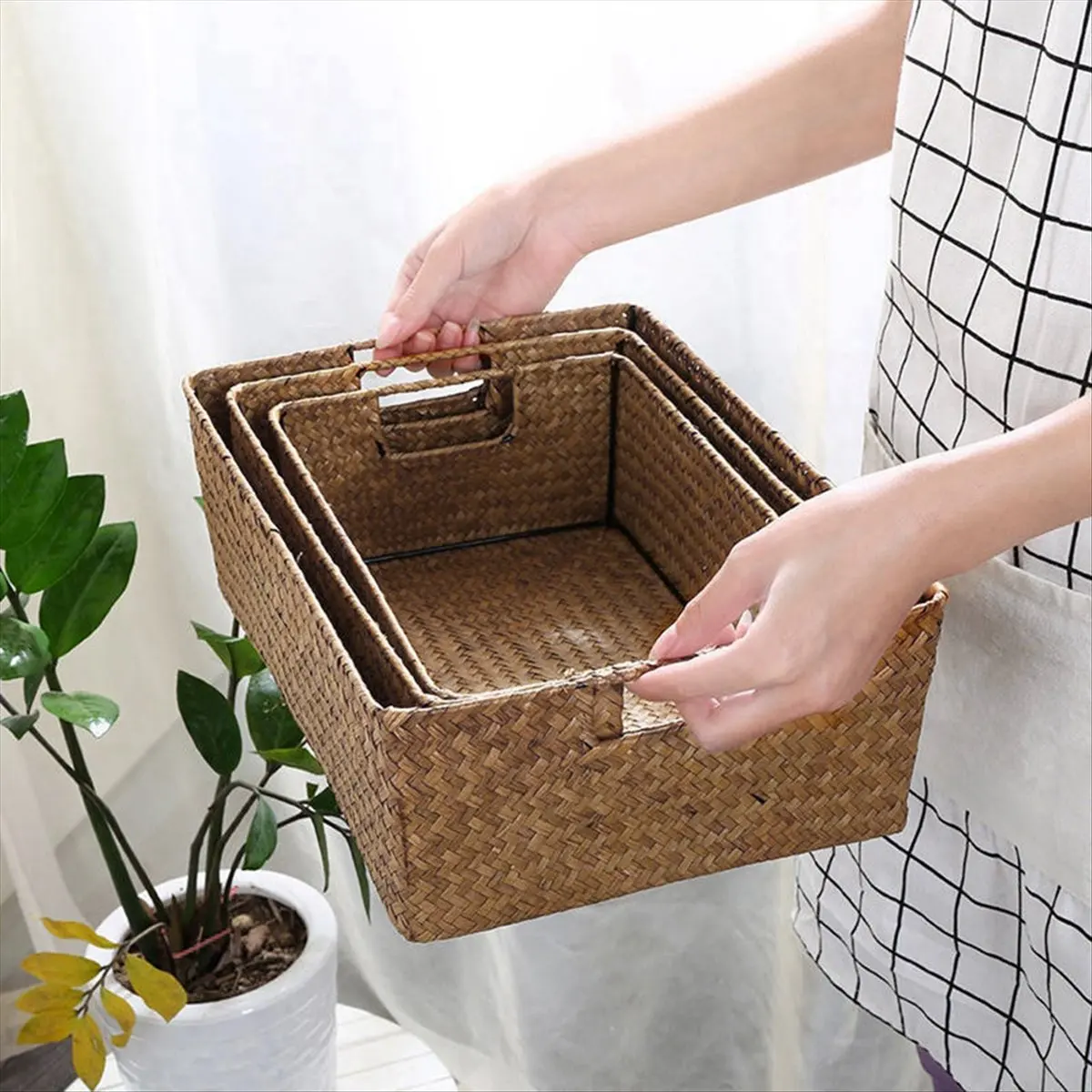 * Cesta de algas marinas tejida ABDH: almacenamiento de mimbre de paja natural para frutas, pan, toallas, ideal para el hogar y la cocina, A