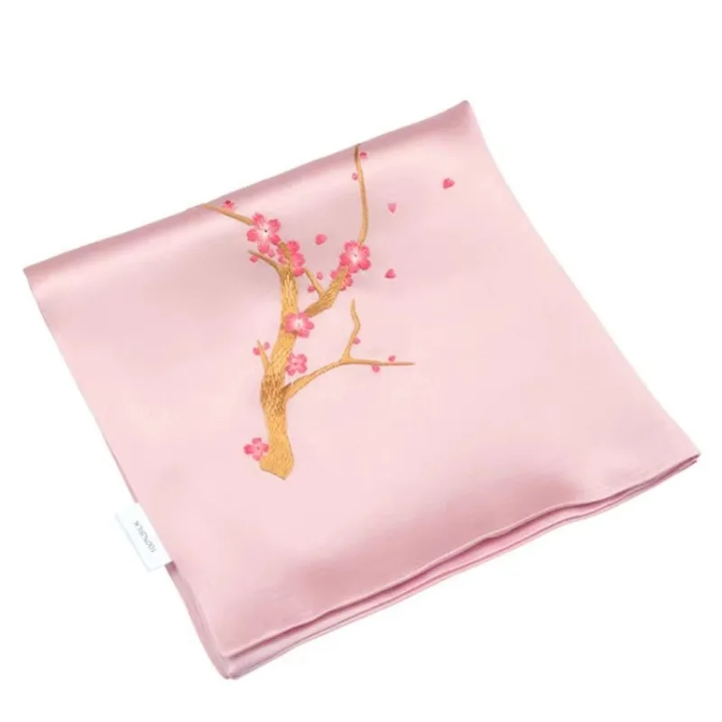 Handwork Embroidery peach blossom Pure silk handkerchief ladies small square Towel