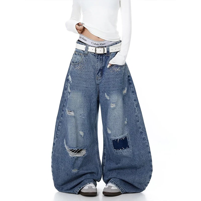 

Girl y2k Baggy Jeans Harajuku Vintage Hiphop Ripped Jeans Trousers with Drawing Hip Hop Streetwear Casual Denim Pants