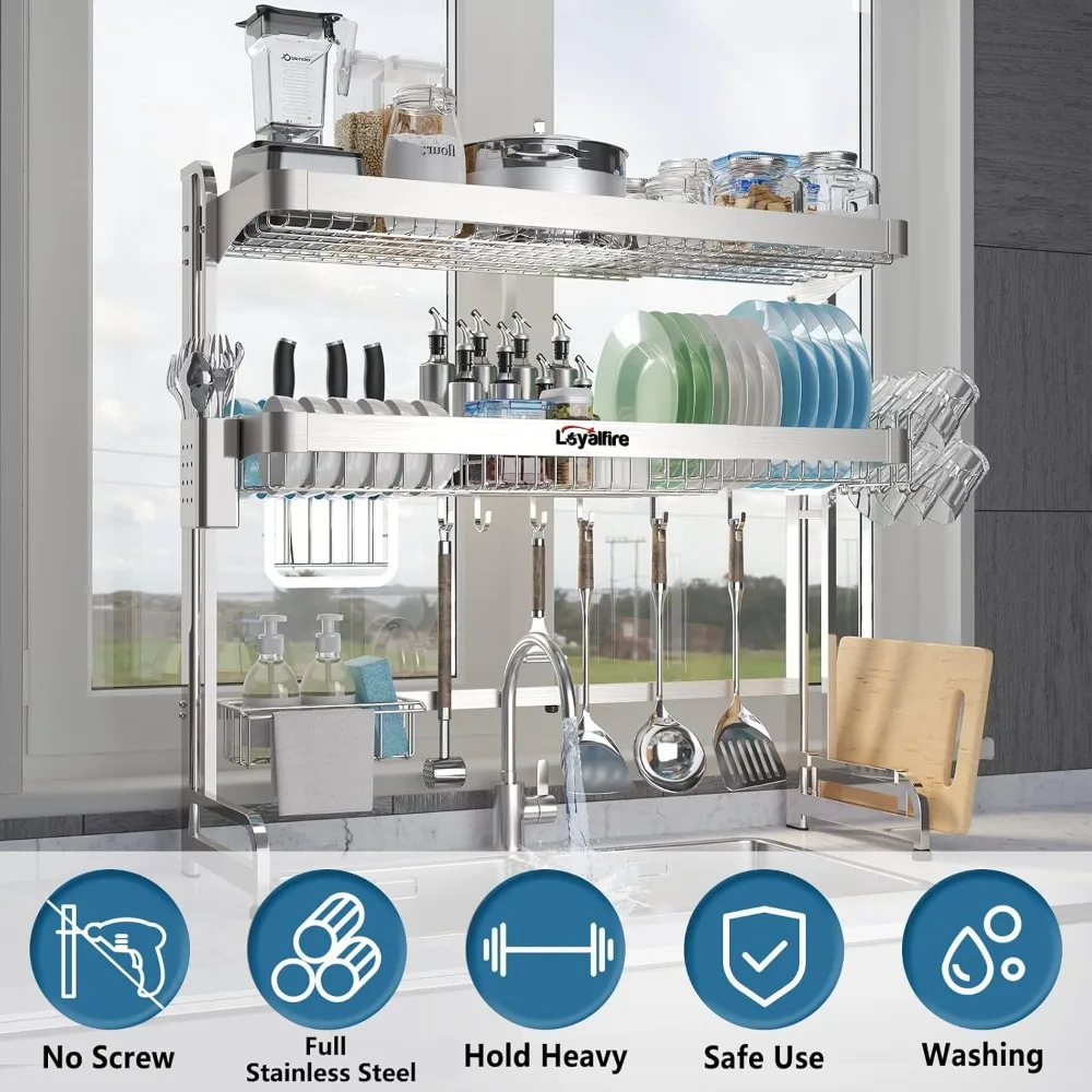 Sobre Pia Prato Secagem Rack, Aço Inoxidável Grande Armazenamento, Cozinha Prato Rack, 3 Nível Comprimento Ajustável, 20,87 a 37,6"