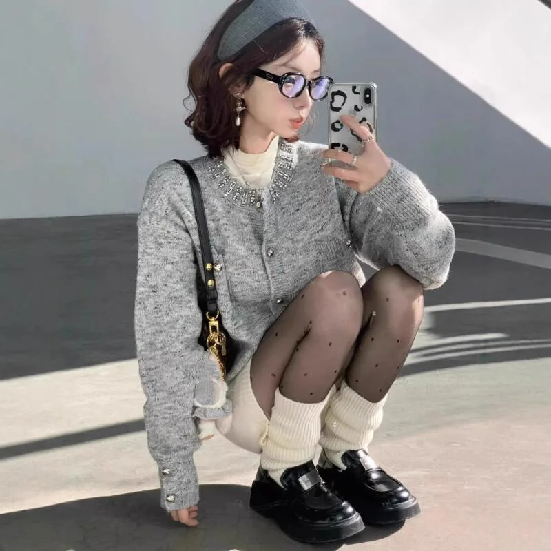 

Серый эфирный трикотажный топ с усовершенствованным дизайном, женский весенне-осенний уникальный красивый свитер, модный кардиган