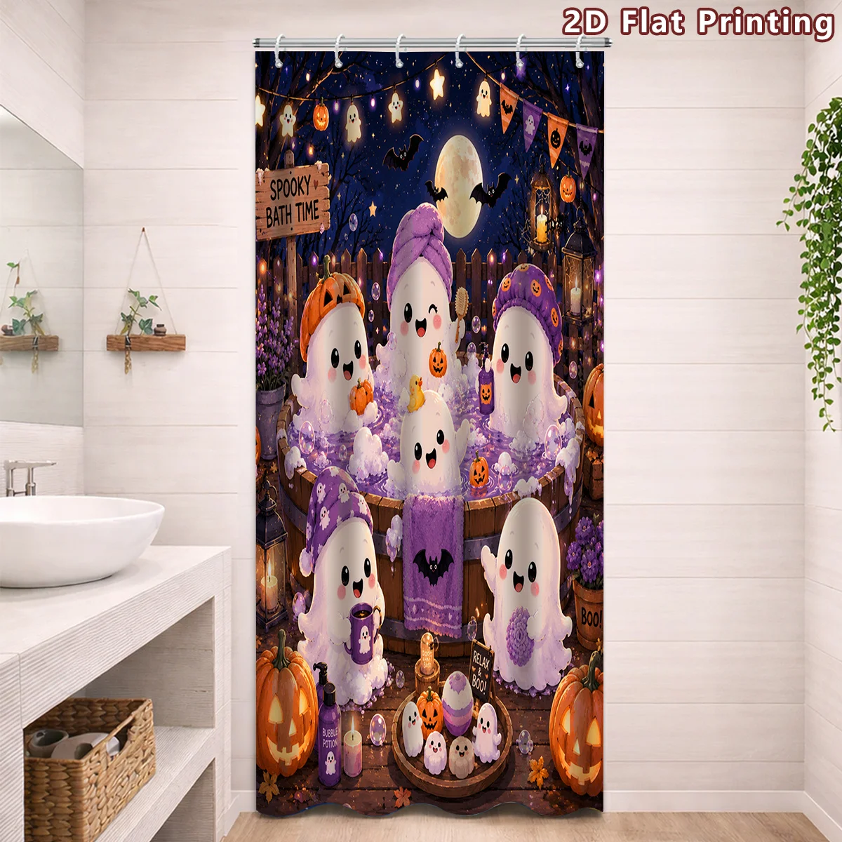 2D Flat, 2D Flat, 1pc 2D Flat Cute Spooky Halloween Ghost Bath Shower Curtain, Bathroom Decor, Multi-Size Options (31.5X70.87inc