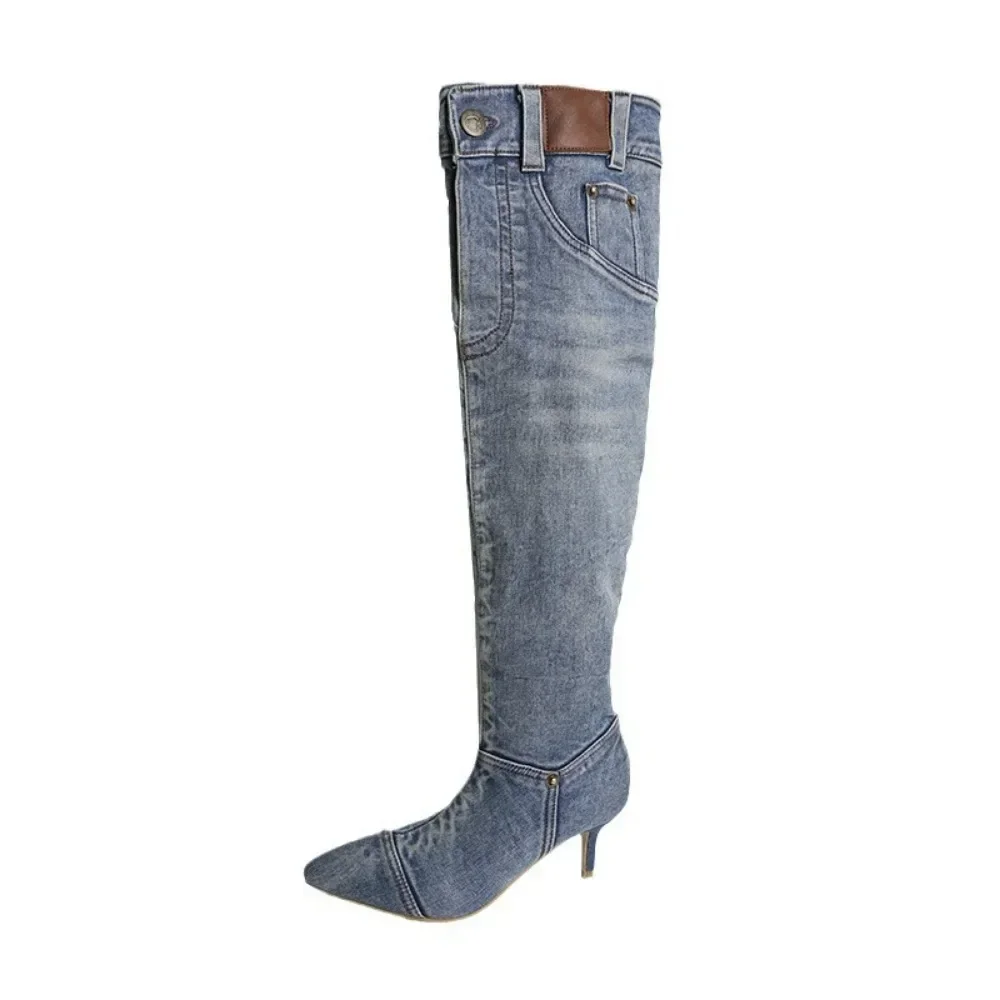 Thigh High Boots 2024 Vintage Denim Boots for Women with Slim Heels Pointed Toe Long Boots Womens Shoes Jean Shoes for Women