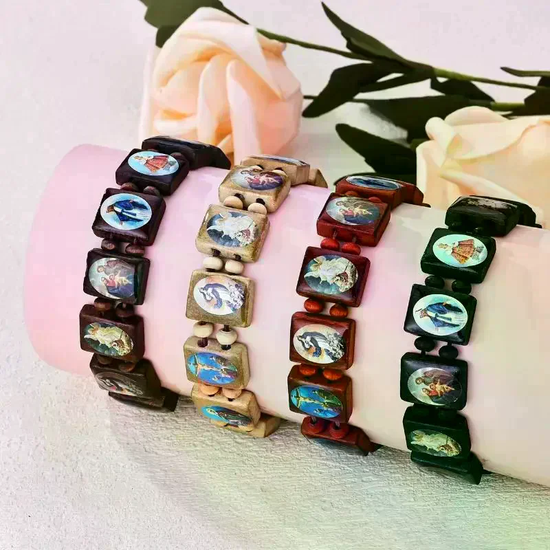 Rosary Bracelet - Elegant Religious Icon Stickers, Drip Oil Finish, Spiritual Beaded Prayer Jewelry For Devotional Wear Wooden