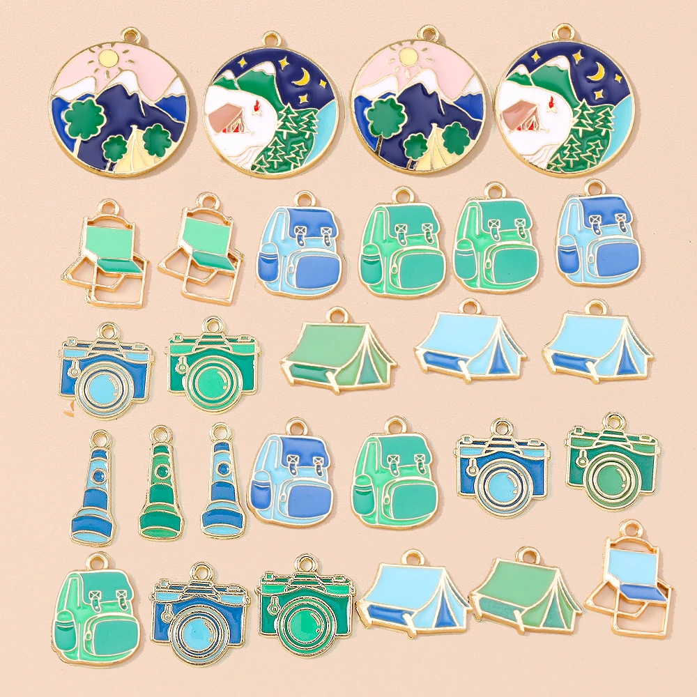 Leslie 10pcs New Outdoor Camping Series Camera Flashlight Backpack Chair Tent Charms Pendants For DIY Jewelry Accessories