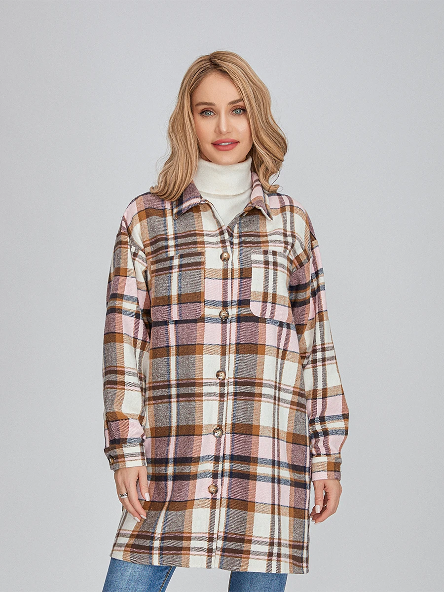 Women’s Plaid Print Shacket Jacket Long Sleeve Lapel Button Down Casual Flannel Coat