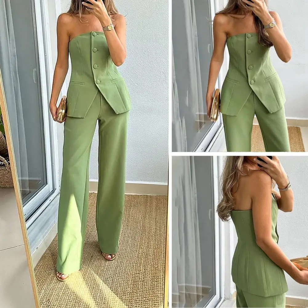 طقم بنطال نسائي بساق واسعة بخصر عالٍ ، بدلة بلا أكمام ، توب أنيق ، جيوب ، أنيق مكشوف الكتفين ، باندو لـ Ol