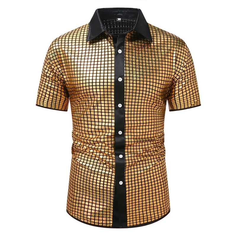 Summer New Men Loose Short Sleeve Sequin Shirt , Fashion Men Dance Party Bar KTV Luxury Red Casual Shirts