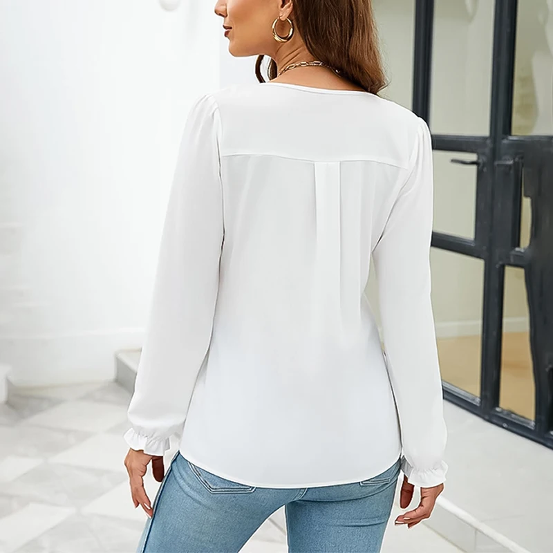 European and American Women\'s Chiffon Blouse Fashion Elegant V-neck Long Sleeved Casual Solid Color Basic Shirt Top S-XXL