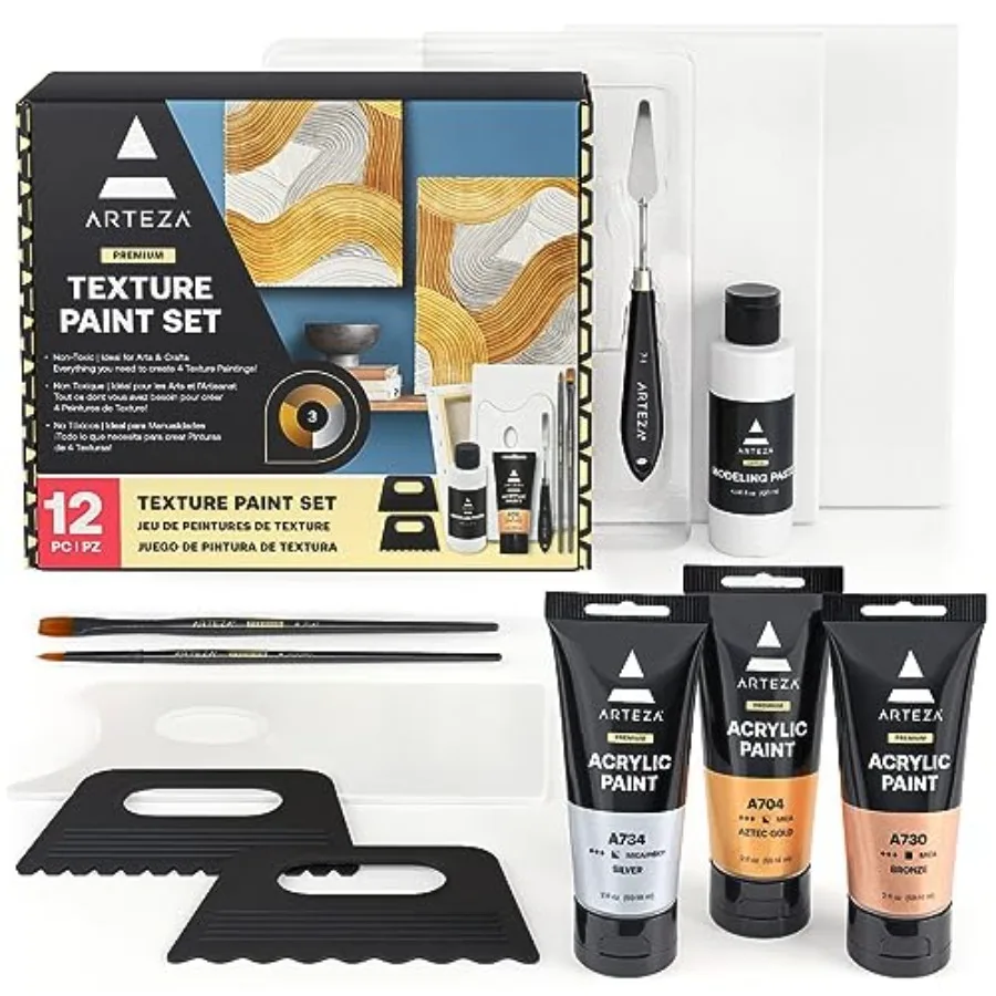 

【Spot goods】ARTEZA Texture Acrylic Paint Set - Painting Set with Metallic Acrylic Paints Gold Silver Bronze 8x10 Stretched Canv