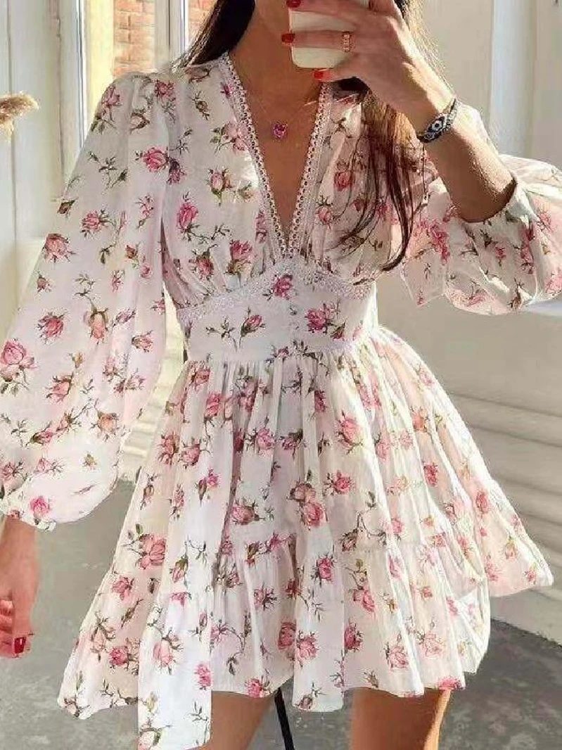

Sweet Floral Print Lace V-Neck Short Dress Spring 2026 Women's Casual Standard Fit Long Sleeve Dress by ulueY