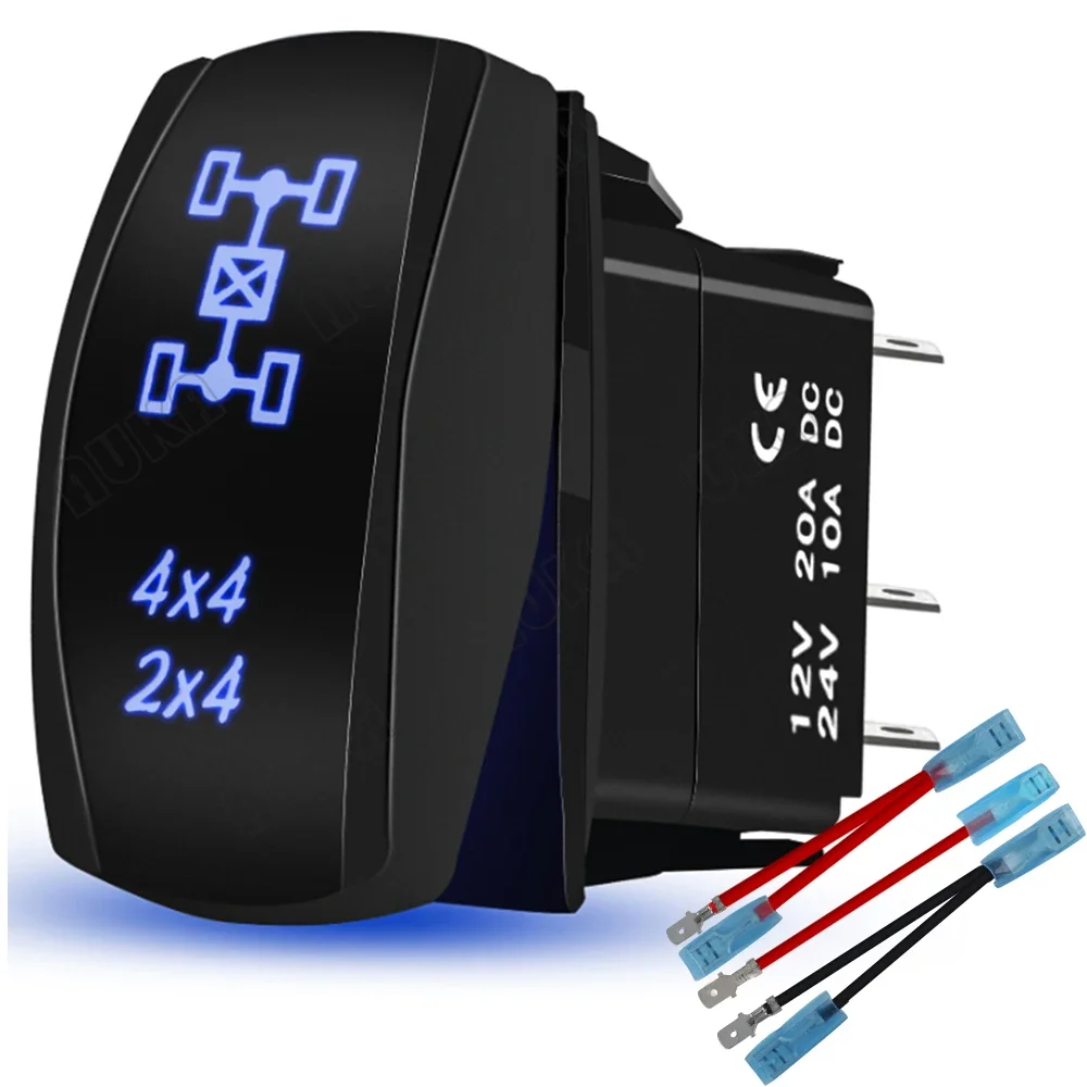 

Waterproof 4x4 2x4 Rocker Switch On-Off 12V/24V 5Pin Laser SPST Toggle Switch Blue Light With Wires Set For Marine Boat CarTruck