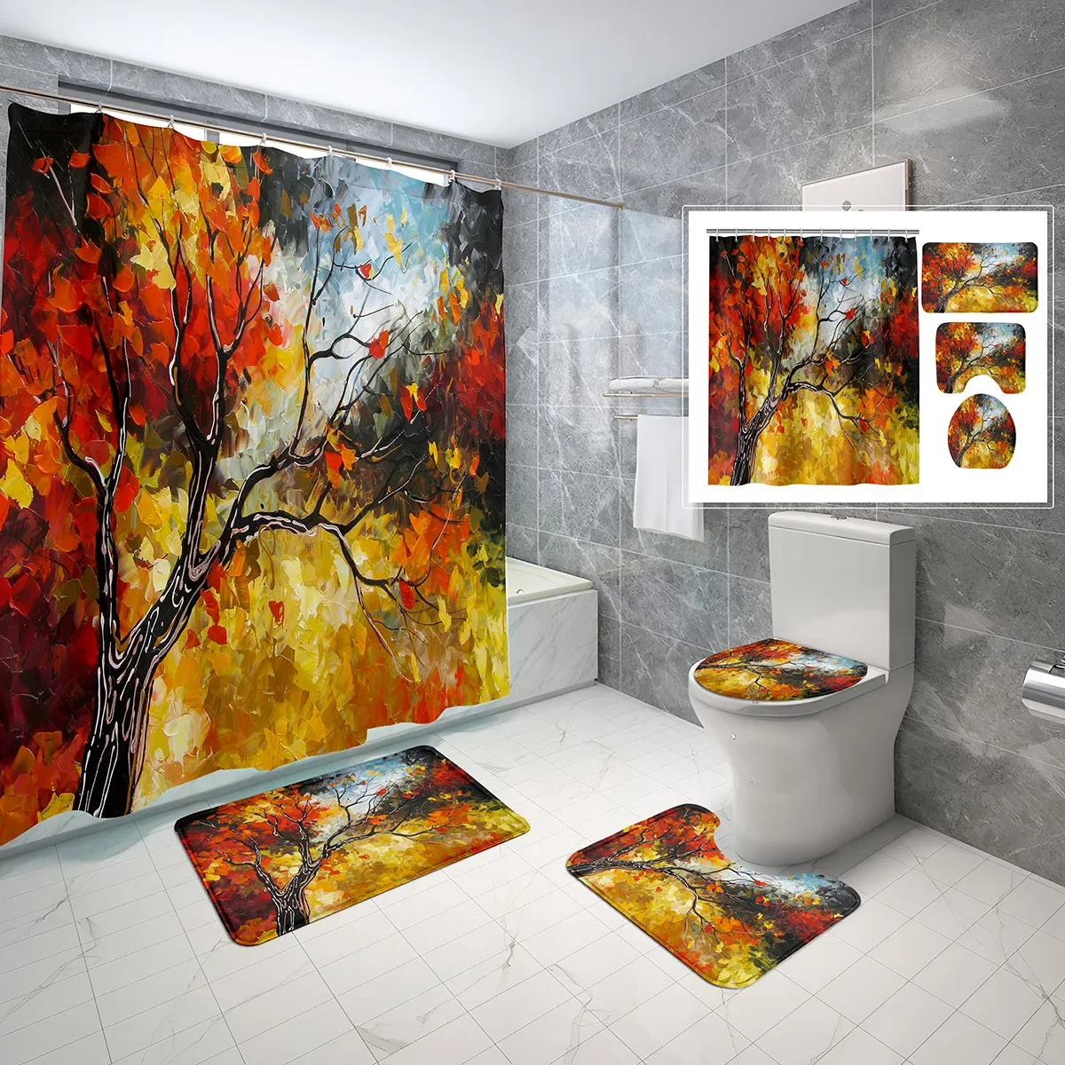 4 PCS Oil Painting Tree Shower Curtain Set,Fantasy Art Plant Bathroom Waterproof Bath Curtain,Non-Slip Bath Mat Toilet Cover Set