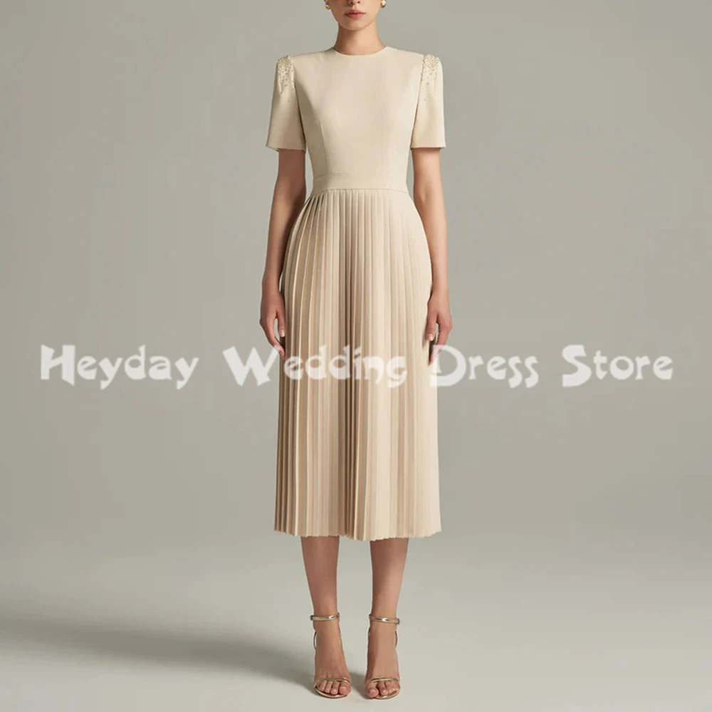 

Heyday Women's O-neck Beaded Pleats A line Evening Dresses With Short Sleeves Tea-Length Formal Elegant Party Dresses 2025