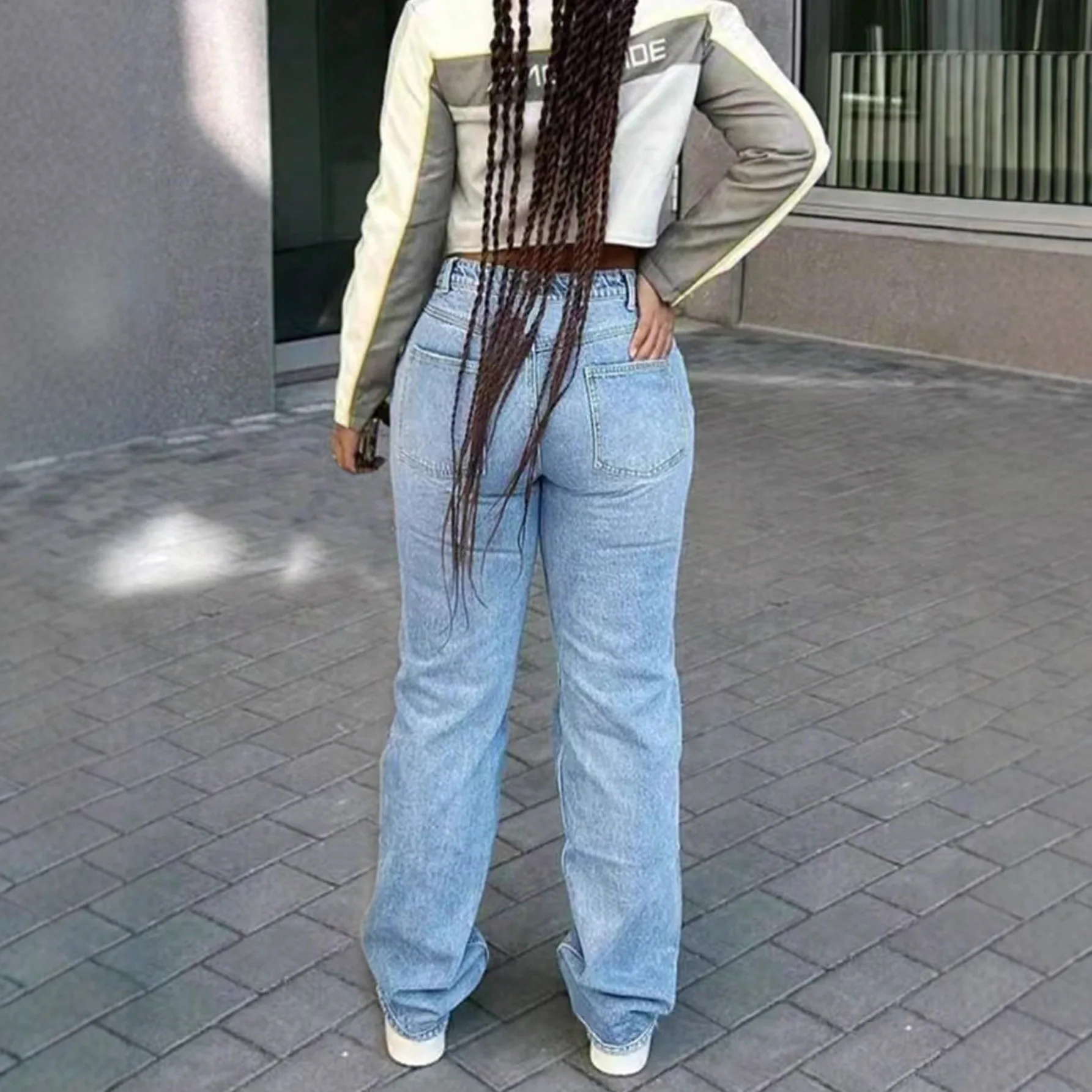 Shiny Diamond Women's High Waist Wide Leg Loose Straight Cut Long Jeans Draping Effect Cotton Blend Casual Style Straight Tube