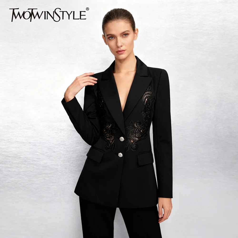 TWOTWINSTYLE однотонные элегантные пиджаки с вышивкой для женщин, туника с длинными рукавами и лацканами, модный пиджак, женская одежда
