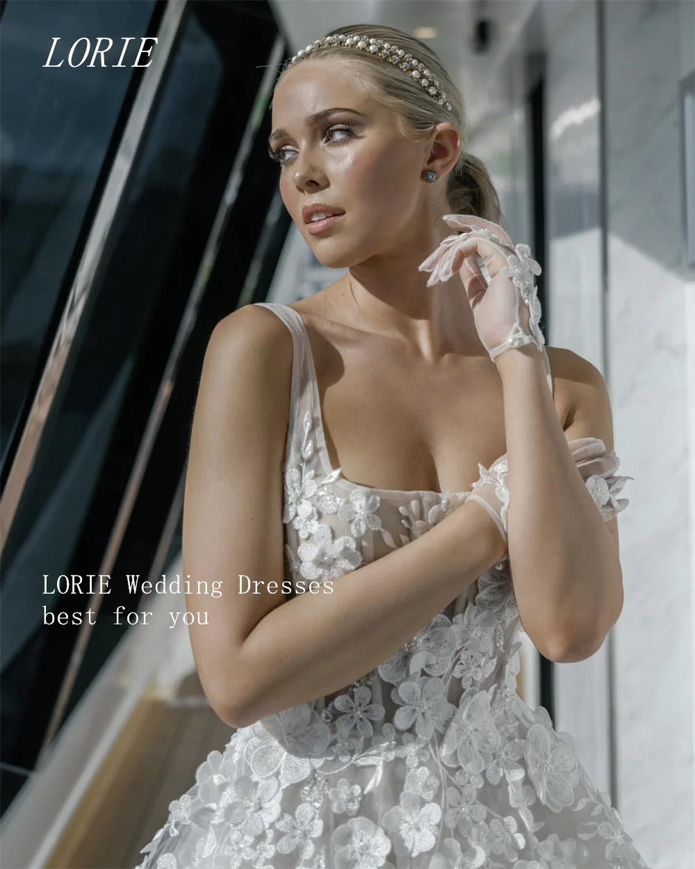 LORIE فاخر ثلاثية الأبعاد ألف خط فستان الزفاف ساحة طوق فساتين زفاف يزين أنيقة الدانتيل ثوب زفاف مخصص 2026 #3