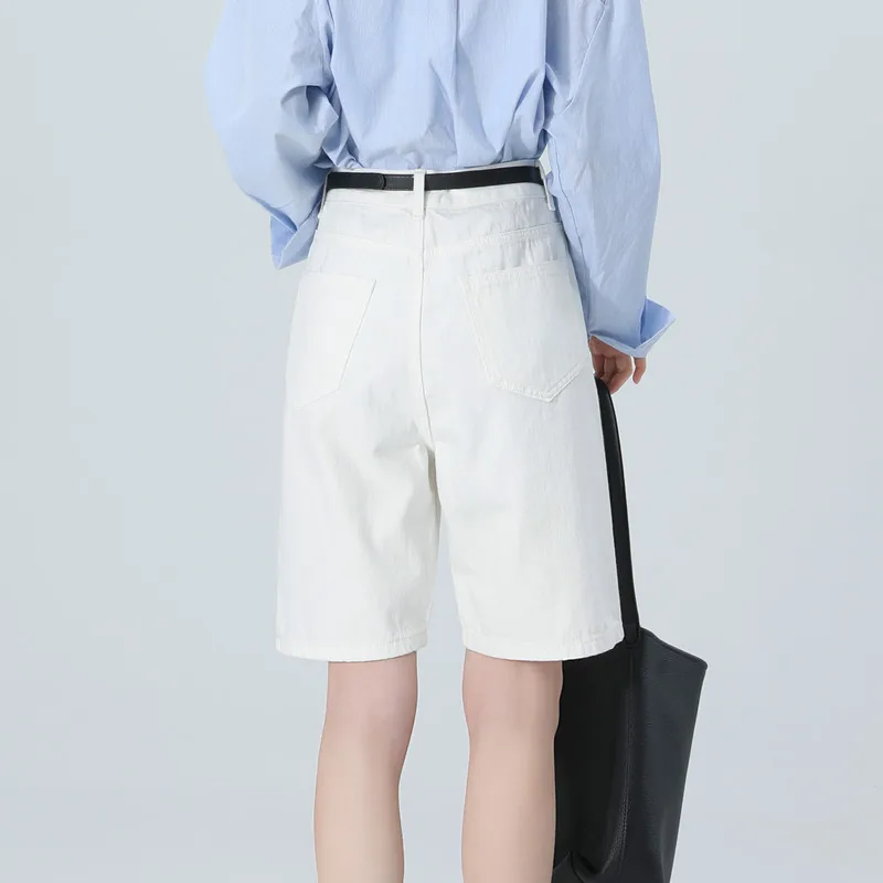 White High Waist Wide Legs Knee Length Jeans Shorts Women Summer Casual Korean Fashion Straight Denim Short Pants Femlae Baggy