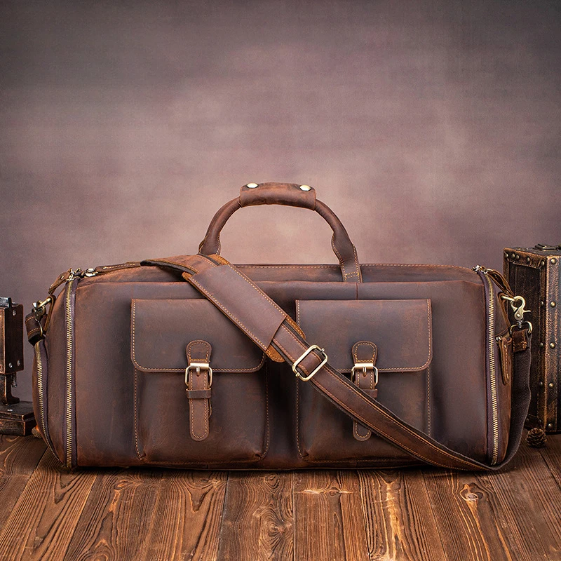 Suits bag genuine leather travel bag multi-functional luggage bag folding suit storage bag, dry and wet separation fitness bag