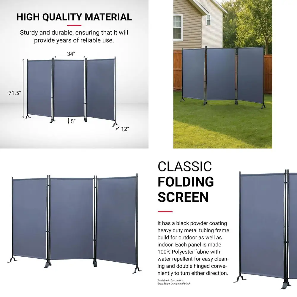 

Water-Resistant Fabric Room Divider with Black Metal Frame for Indoor and Outdoor Use (Grey)