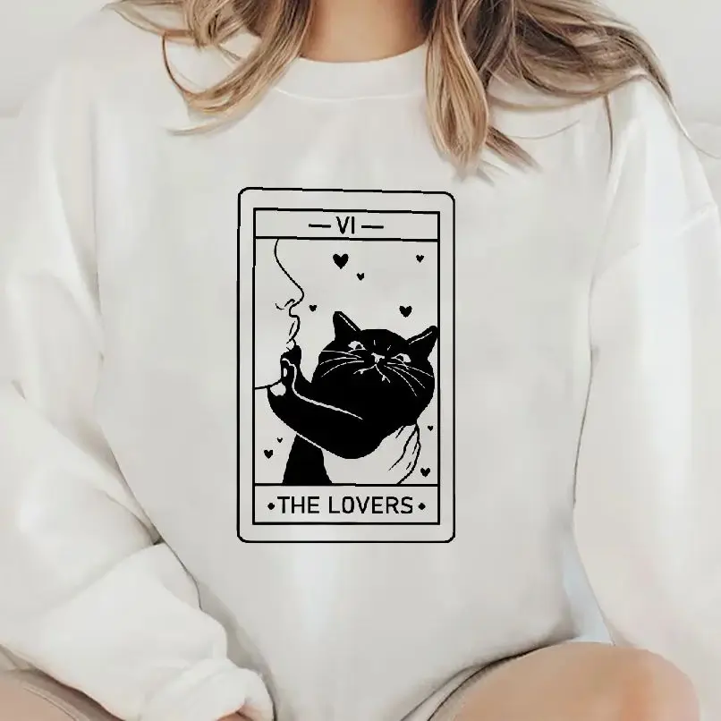 

Aesthetic Sweatshirt Long Sleeves Stylish Pullover Y2K Graphic Hoodies Crew Neck Unisex Casual Daily WearTarot Cat The Lovers