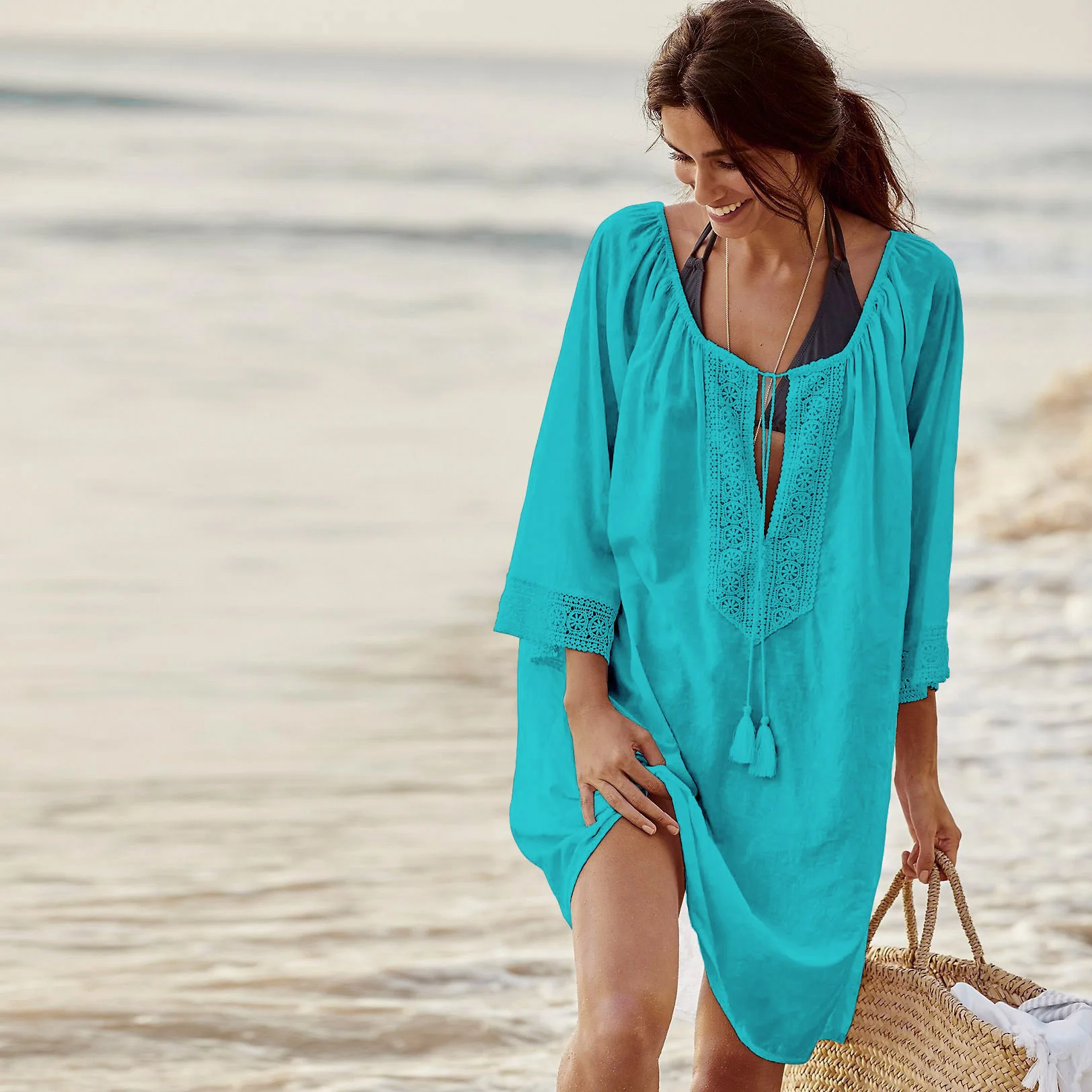 2023 New Chiffon Lace Patchwork Seaside Holiday Sunscreen Female Beach Blouse Clothes Blue