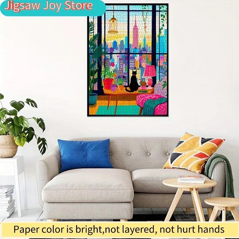 DIYペーパーパズル、ニューヨーク市の夜景、猫、鉢植え、高品質の白いカード素材、親子向け
