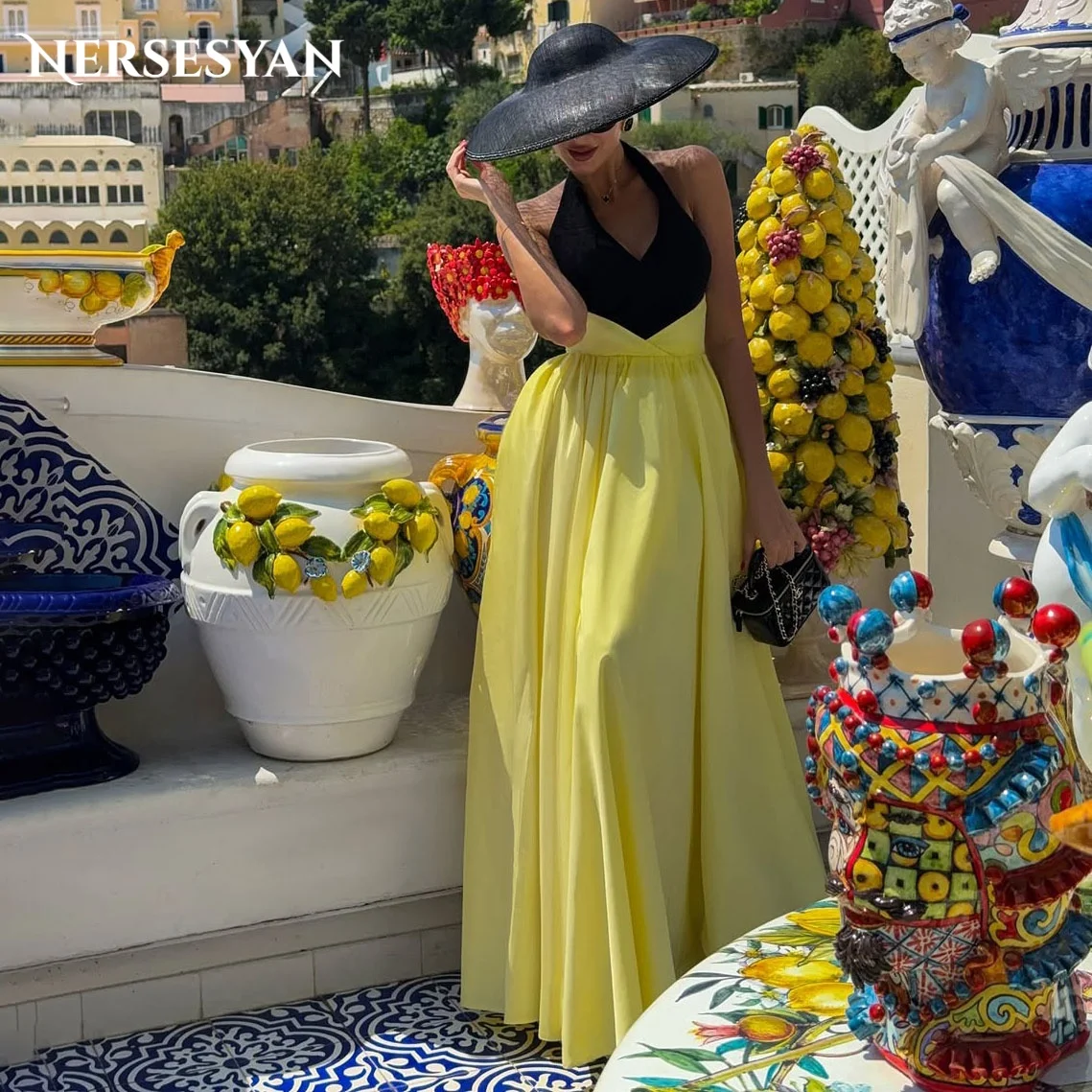 

Nersesyan Роскошные желтые платья для выпускного вечера с открытыми плечами Атласное вечернее платье трапециевидной формы с лямкой на шее Вечерние платья по индивидуальному заказу