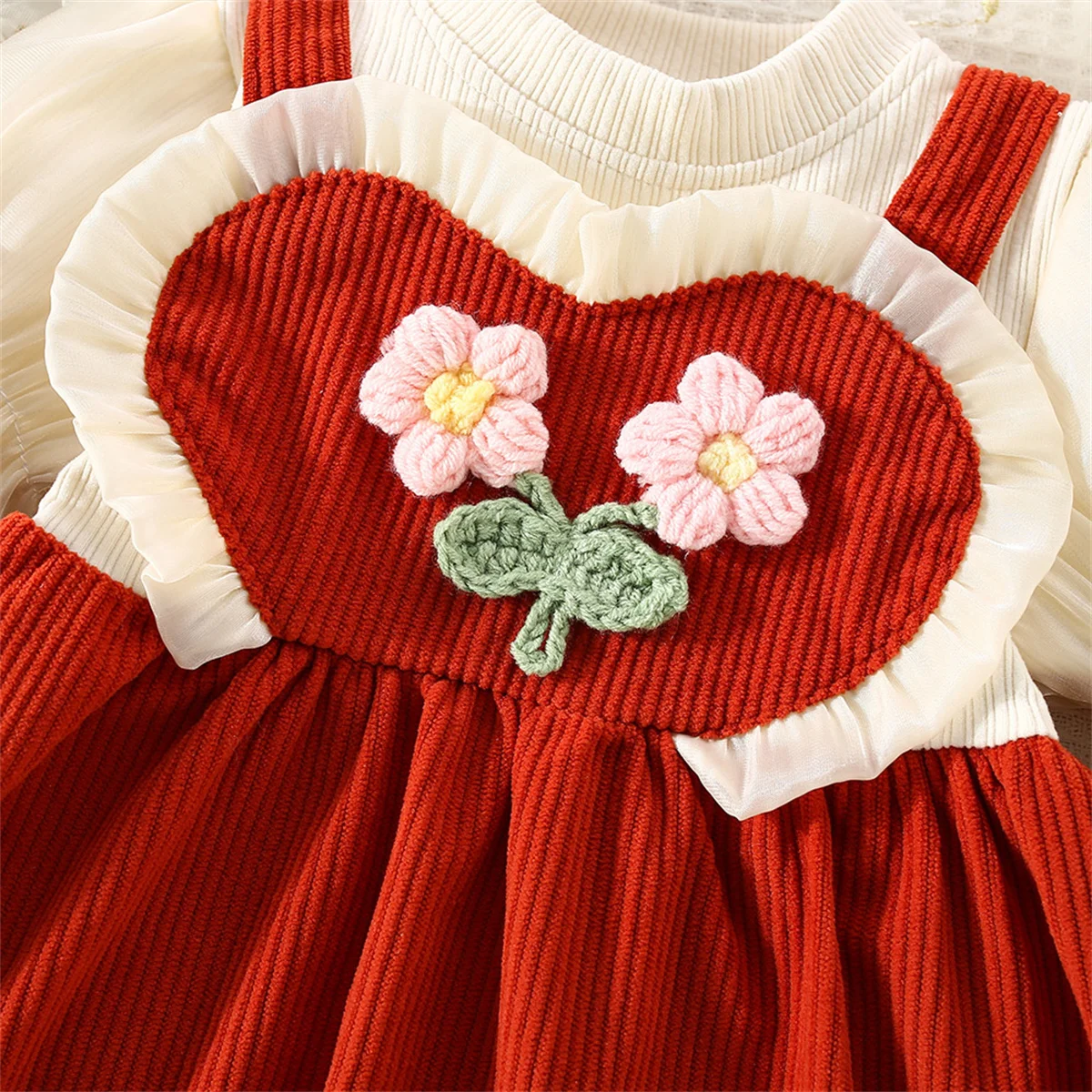 Autumn Baby Girls Long Sleeve Dress Spring Knitted Flower O Collar Fake Two Piece Princess Dresses Toddler Kids Clothes