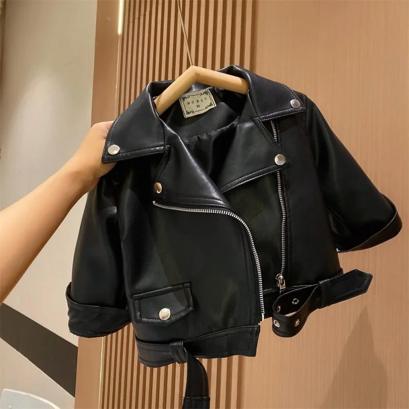 PU Leather Jacket Kids Girls Short Style Classics Lapel Zipper Outerwear Autumn Fly Coats Fashion New Casual Clothing 1-12 Years