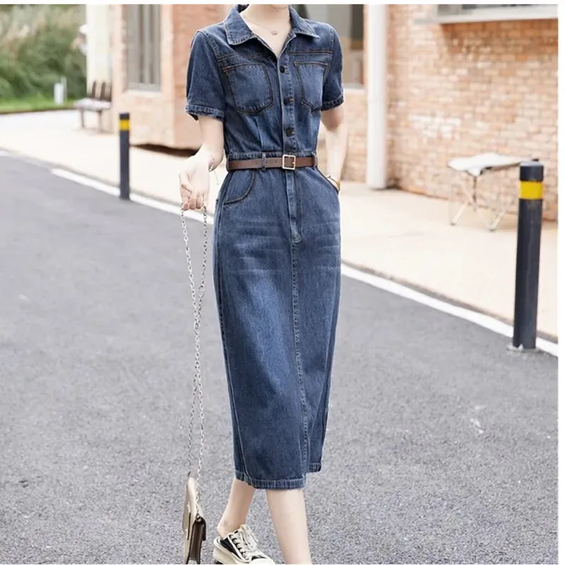 Short sleeved Denim Shirt Dress 2024 Women's New Summer Temperament Slim Dress With belt Casual Clothing